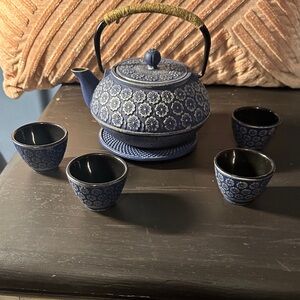 Blue Cast Iron Baked Enamel Floral Teapot 8 pc Set